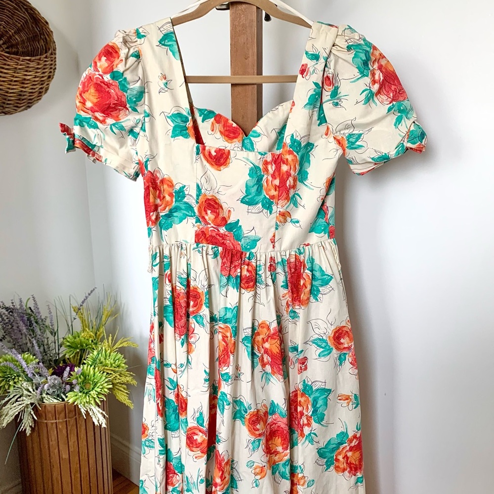Laura Ashley Cream Floral Midi Dress with Red & Teal Flowers - Picture 10 of 15